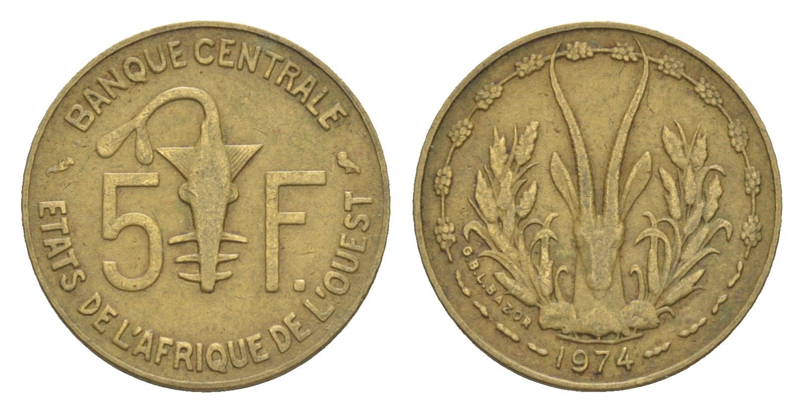 Западная Африка (BCEAO) 5 франков 1974 Центральный банк государств Западной Африки KM 2a медь алюминий никель 4643-742