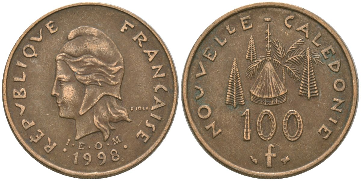 Французская Новая Каледония 100 франков 1998 хижина среди сосен и пальм, (IEOM) KM 15, Schoen 16, Lec 139b никель латунь 4140-1124
