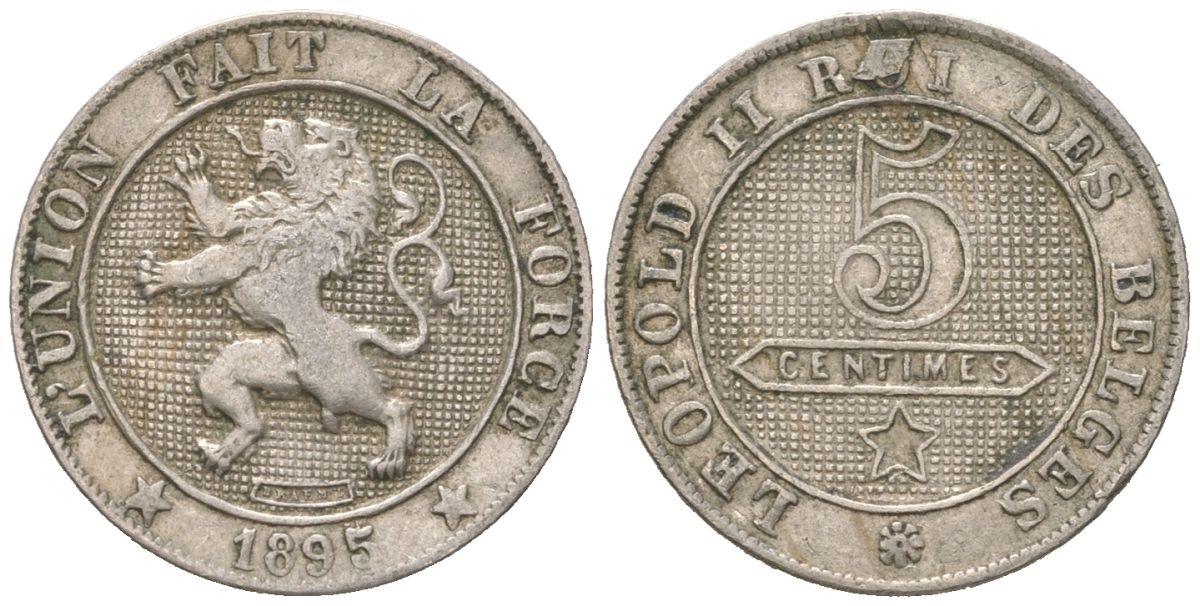 Бельгия 5 сантимов 1895 DES BELGES, Леопольд II (1865-1909) KM 40 медно-никель 4617-615