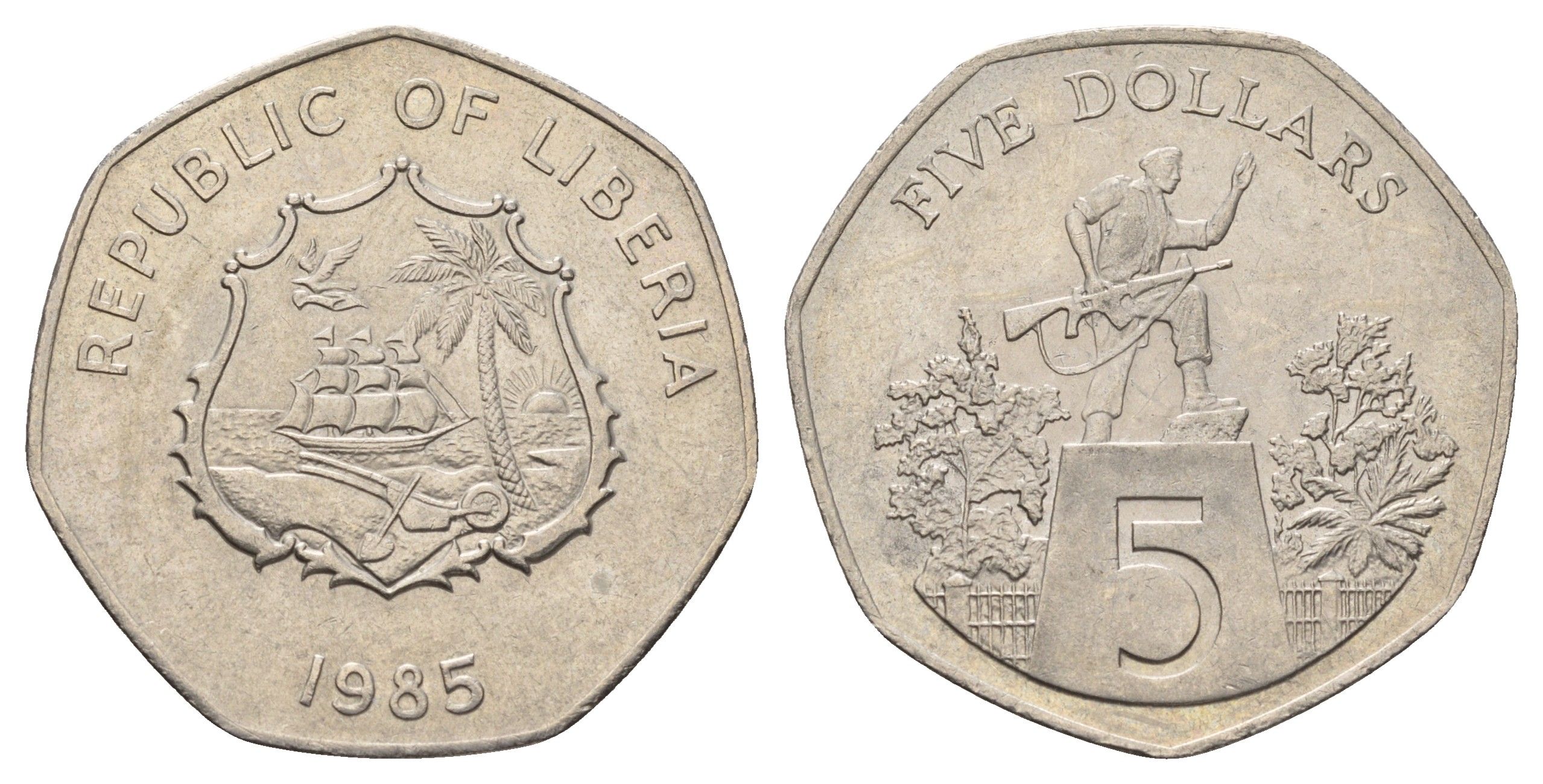 Либерия 5 долларов 1985 KM 44 медно-никель 4672-1035