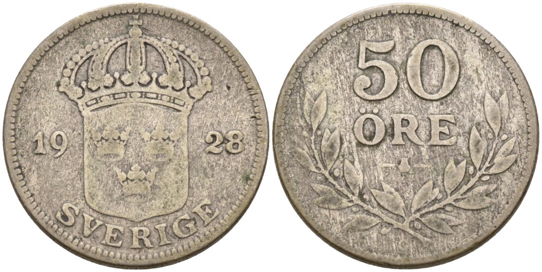 Швеция 50 эре 1928 W, Густав V (1907-1950) KM 788 серебро 92-1241