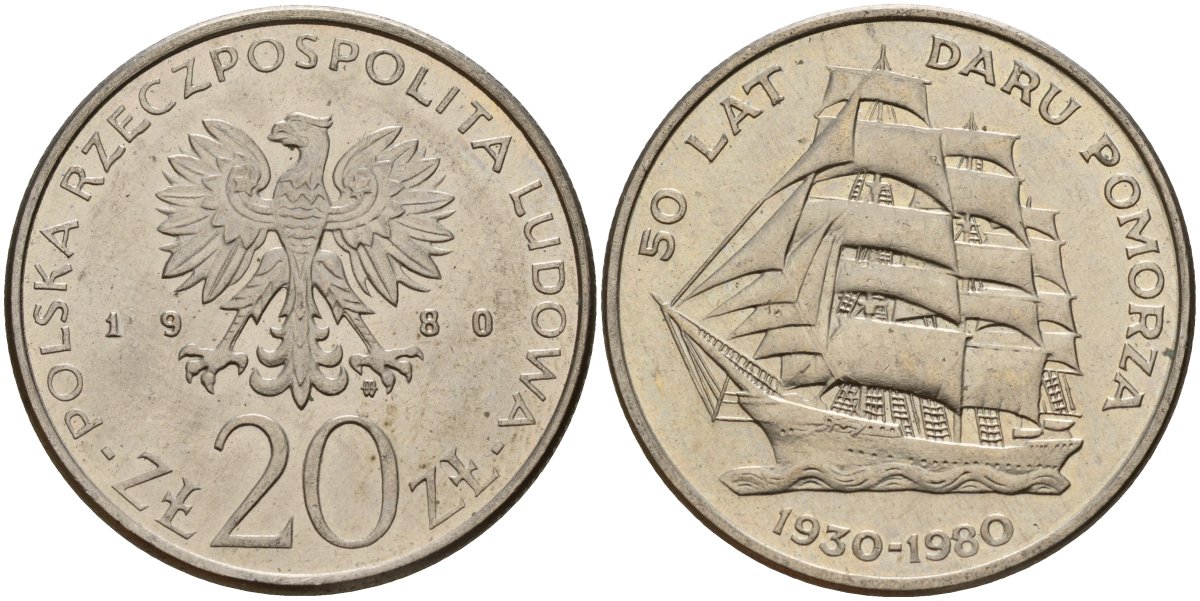 Польша 20 злотых 1980 MW, 50 лет фрегату «Дары Поморца» KM 112, Parchimowicz 253 медно-никель 4157-1014