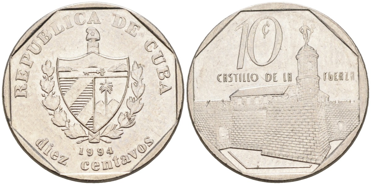 Куба 10 сентаво 1994 форт в Гаване Ла-Фуэрса KM 576.1 сталь плакированная никелем 4591-122