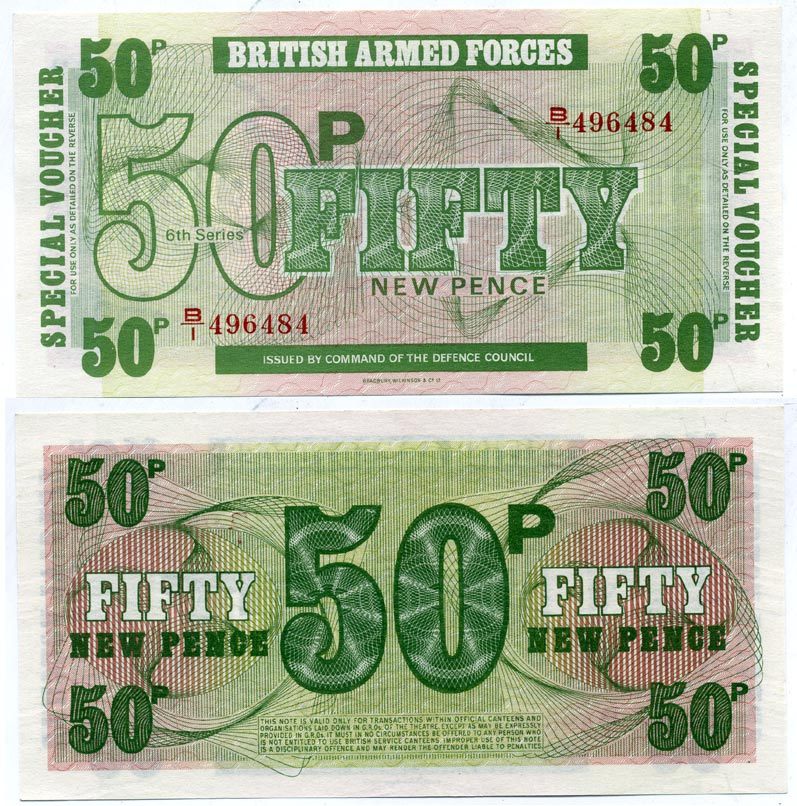 АНГЛИЯ 50 ПЕНСОВ 1972 ДЛЯ ВООРУЖЕННЫХ СИЛ, 6 СЕРИЯ, BRADBURY WILKJSON @ Co Pick М 46 бумага UNC (ПРЕСС) 6317-43-4