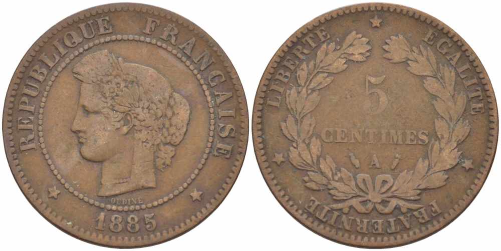 ФРАНЦИЯ 5 САНТИМОВ 1885 A, ТРЕТЬЯ РЕСПУБЛИКА (1871-1940) KM 821.1, LE FRANC 118.28 бронза 108-731