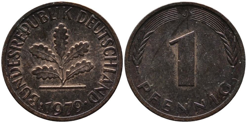 ФРГ 1 пфенниг 1979 J KM 105, J.380 сталь плакированная медью 99-343