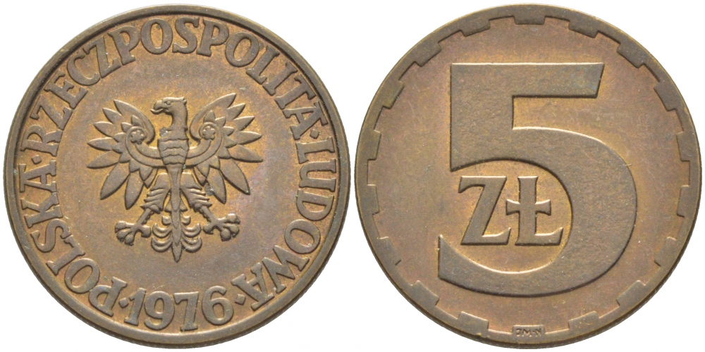 Польша 5 злотых 1976 монетный двор Ленинград (ЛМД) KM 81.1, Parchimowicz 221b латунь 3856-1124