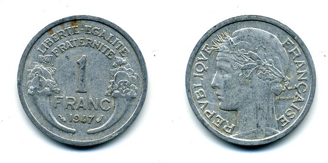ФРАНЦИЯ 1 ФРАНК 1947 KM 885a.1 алюминий 29-833