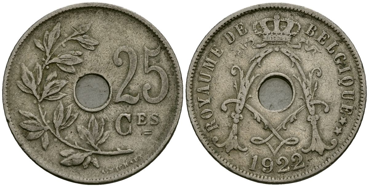 Бельгия 25 сантимов 1922 Belgique KM 68 медно-никель 4168-1236