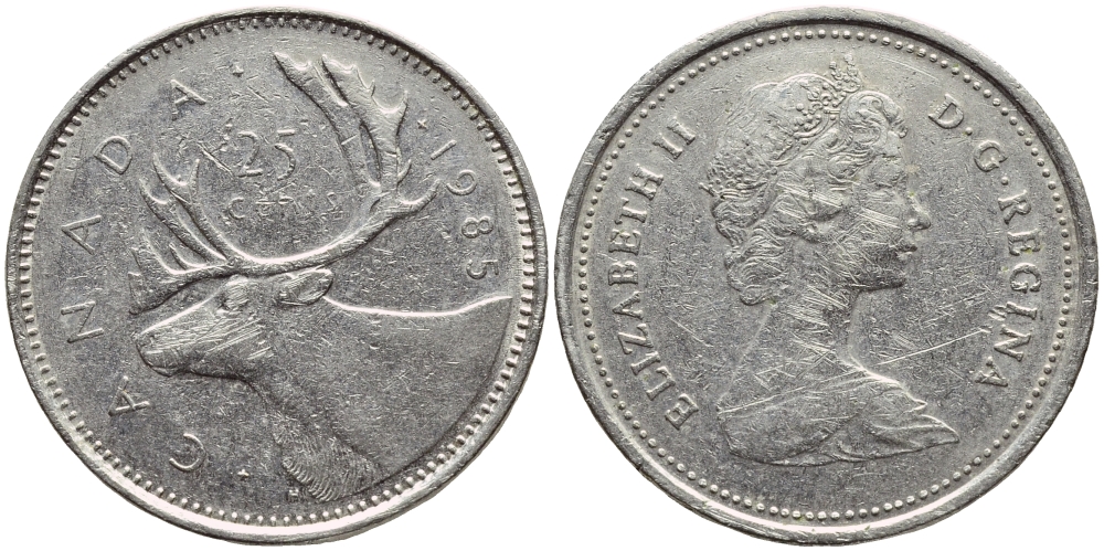 КАНАДА 25 ЦЕНТОВ 1985 ОЛЕНЬ KM 74 никель 4397-112