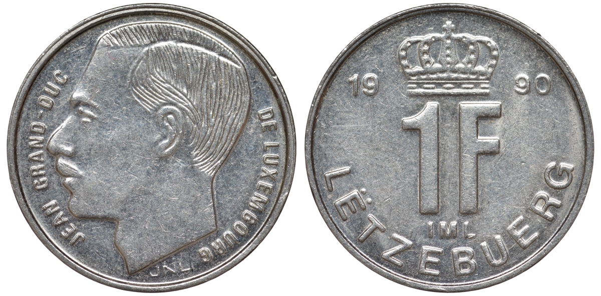 Люксембург 1 франк 1990 Герцог Жан (1964-1999) KM 63 сталь плакированная никелем 4532-836