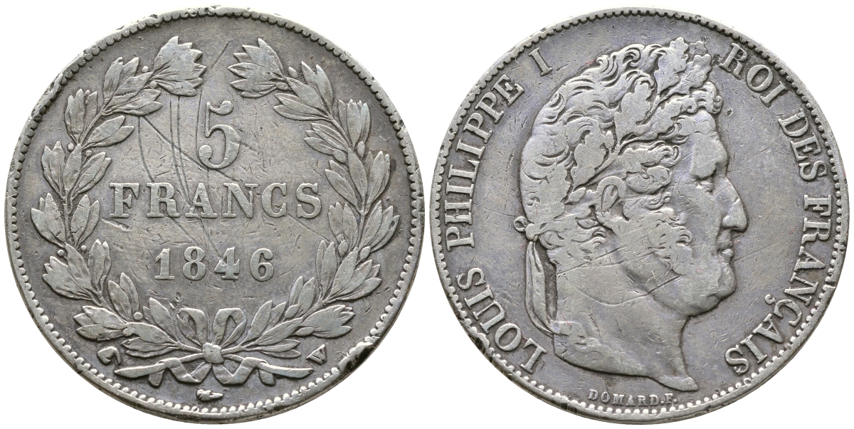 Франция 5 франков 1846 W, Луи Филипп I (1830-1848) LE FRANC 325.13, KM 749.13 серебро 1066-6-55
