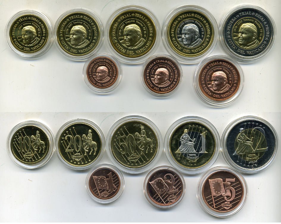 ВАТИКАН НАБОР ИЗ 8 МОНЕТ 2003 ЕВРОПРОБНИКИ (крупный формат) СЕРТИФИКАТ КАПСУЛЫ, ИОАНН ПАВЕЛ II биметалл PROOF 06-081-14