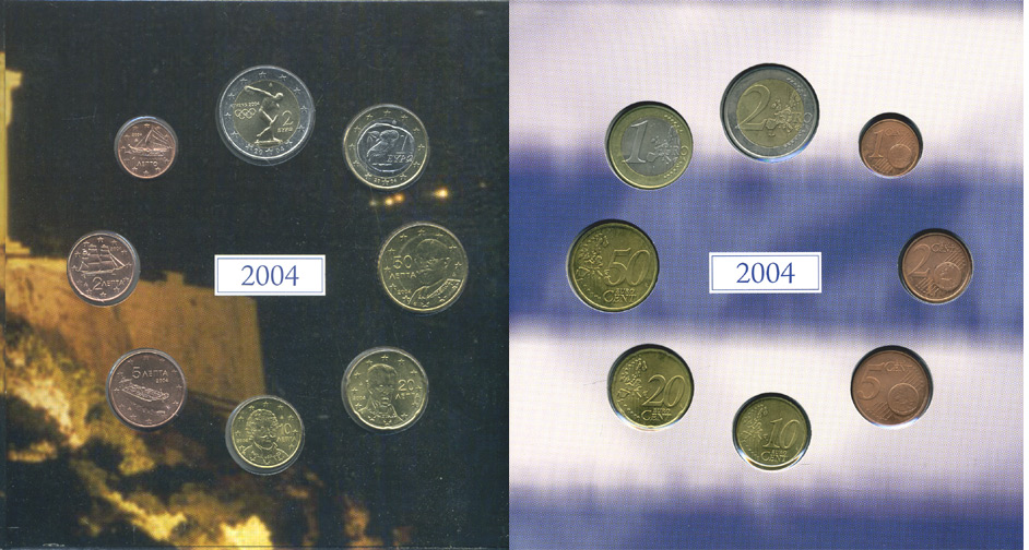 Греция набор из 3 евронаборов по 8 монет 2002-2004 оригинальный официальный набор из трех евронаборов, в картонном буклете    UNC  5-6-1-22