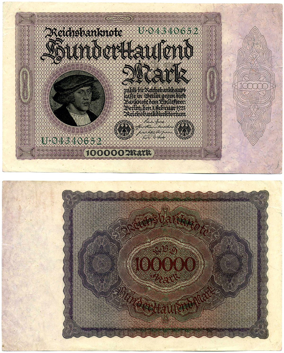 ГЕРМАНИЯ 100000 МАРОК 1923 1 ФЕВРАЛЯ 1923, НОМЕР ВОСЬМИЗНАЧНЫЙ, СЕРИЯ U Pick 83, Роземберг 82a бумага XF 7553-44-2