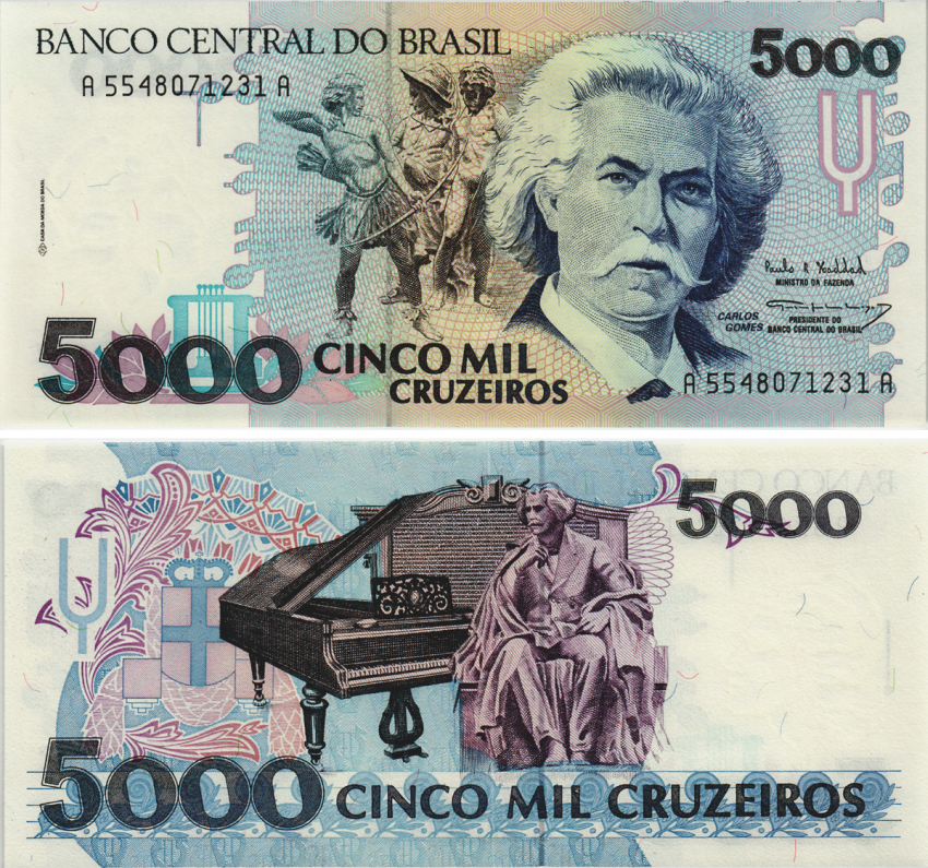 Бразилия 5000 крузейро ND (1990-1993) серия А 5548, Карлось Гомес, музыкант, рояль Pick 232с бумага UNC (пресс) 8605-41-1-1