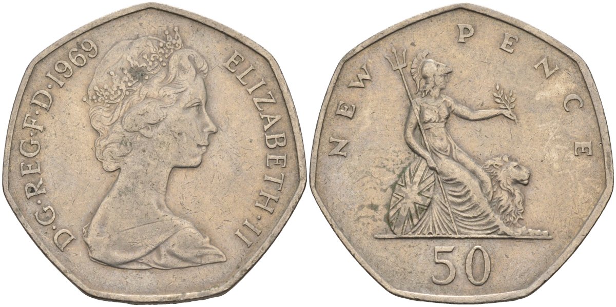 Великобритания 50 пенсов 1969 Елизавета II (1952-2022) KM 913, Spink 4223 (H1) медно-никель 4583-1236