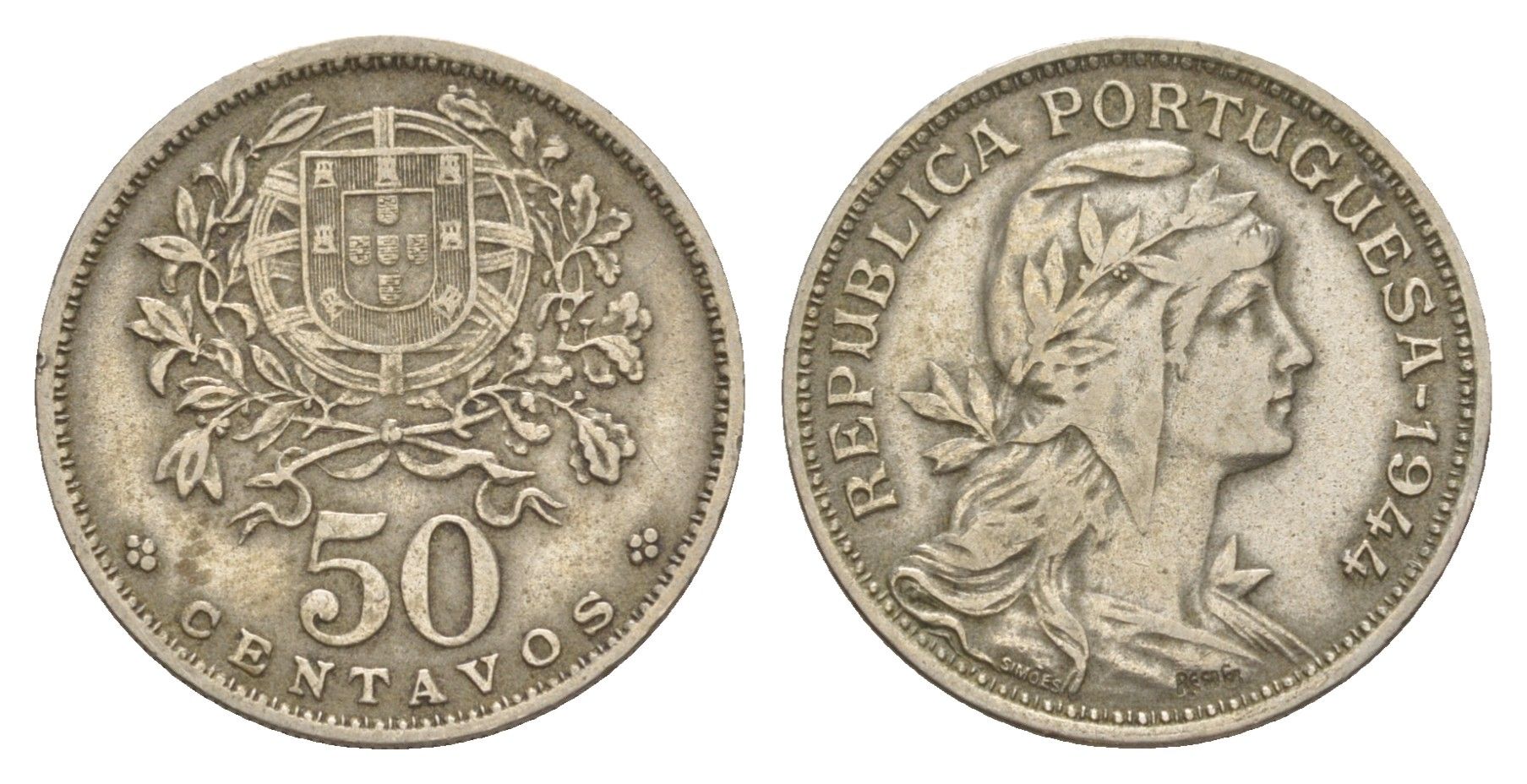 Португалия 50 сентаво 1944 KM 577 никель латунь 4651-755