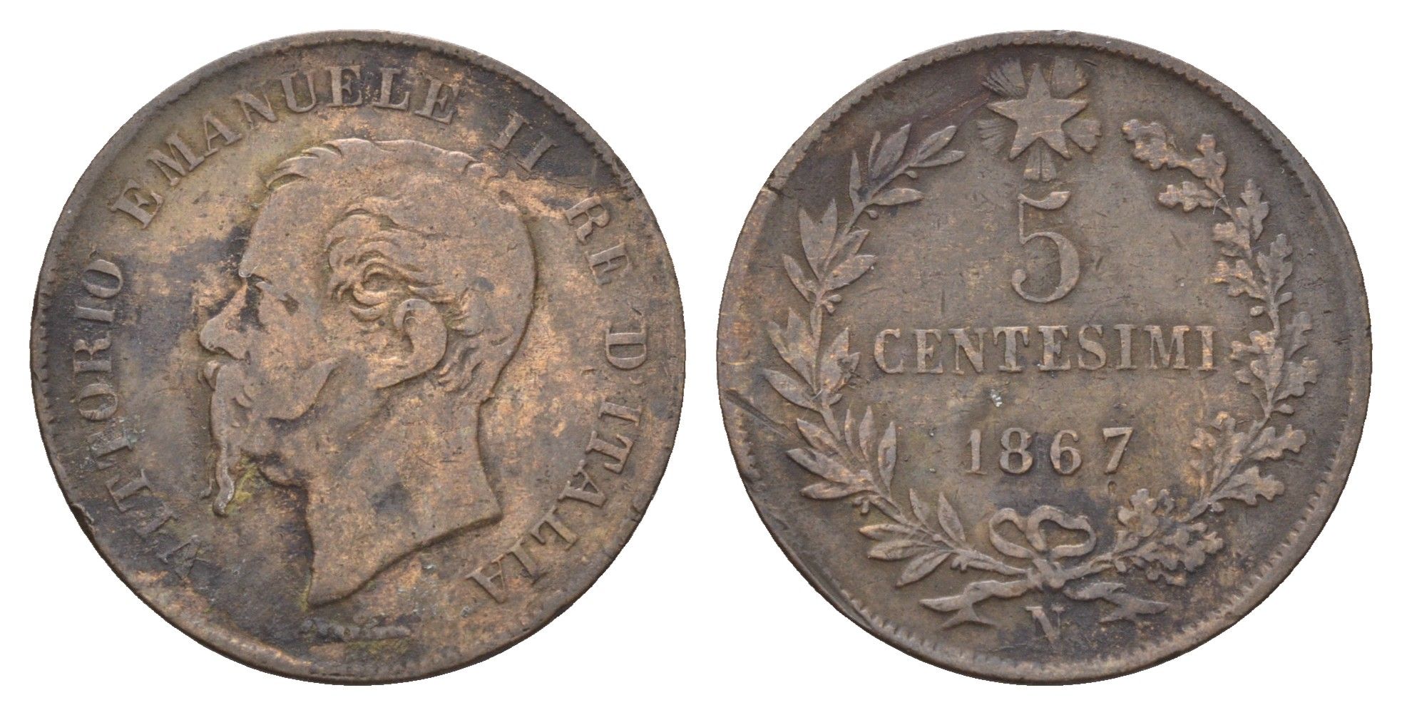 Италия 5 чентезимо 1867 N, Виктор Эммануил II (1861-1878) KM 3.3 медь 27-842