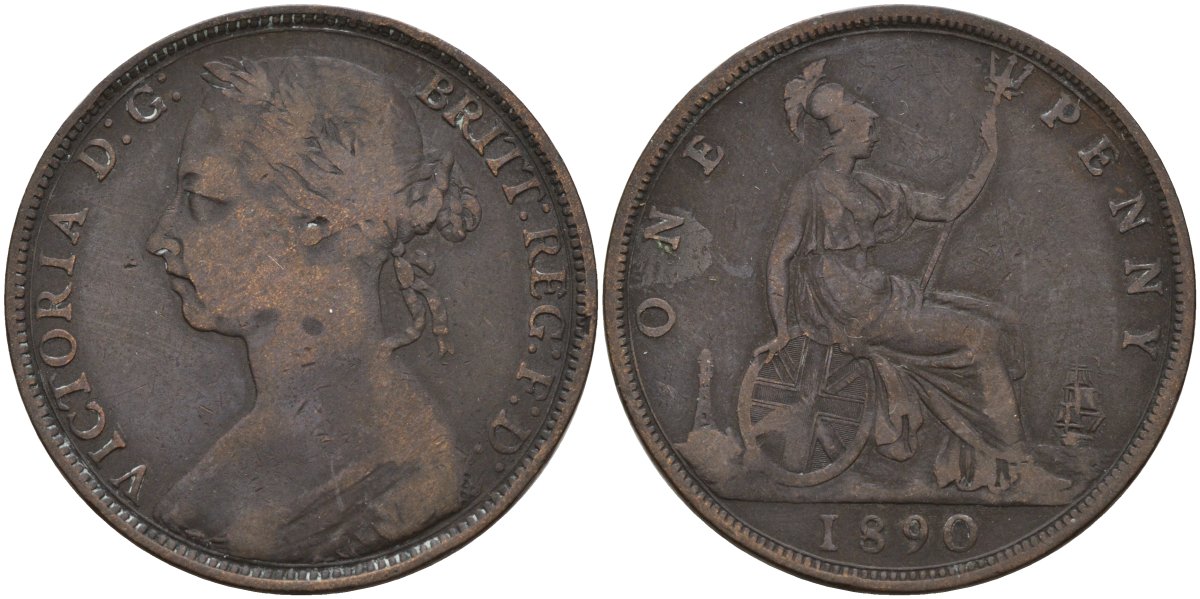 Великобритания 1 пенни 1890 Виктория (1837-1901) KM 755, Spink 3954 бронза 4144-712
