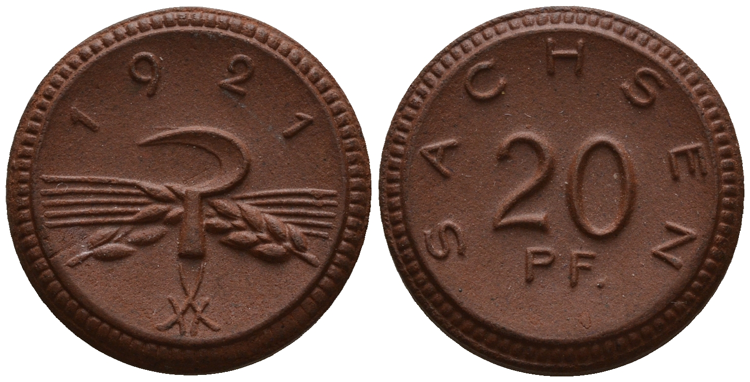 Саксония 20 пфеннигов 1921 колосья и серп J. N 53 фарфор UNC 1094-8-11