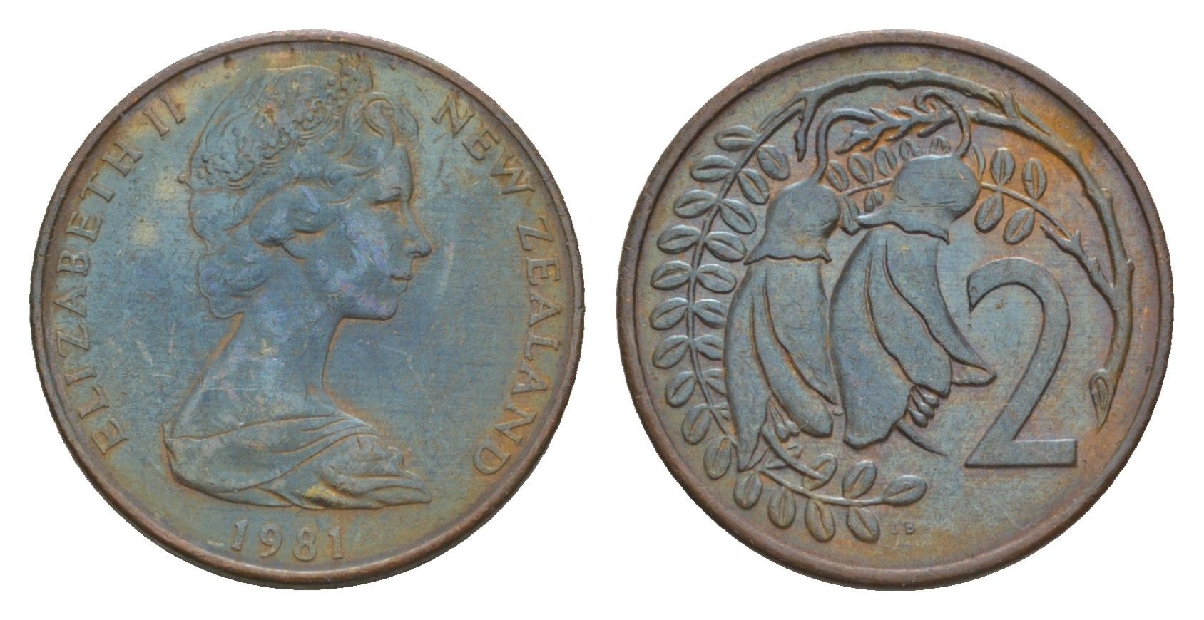 Новая Зеландия 2 цента 1981 Елизавета II (1952-2022), два цветка кохаи KM 32.1 бронза 4655-1149