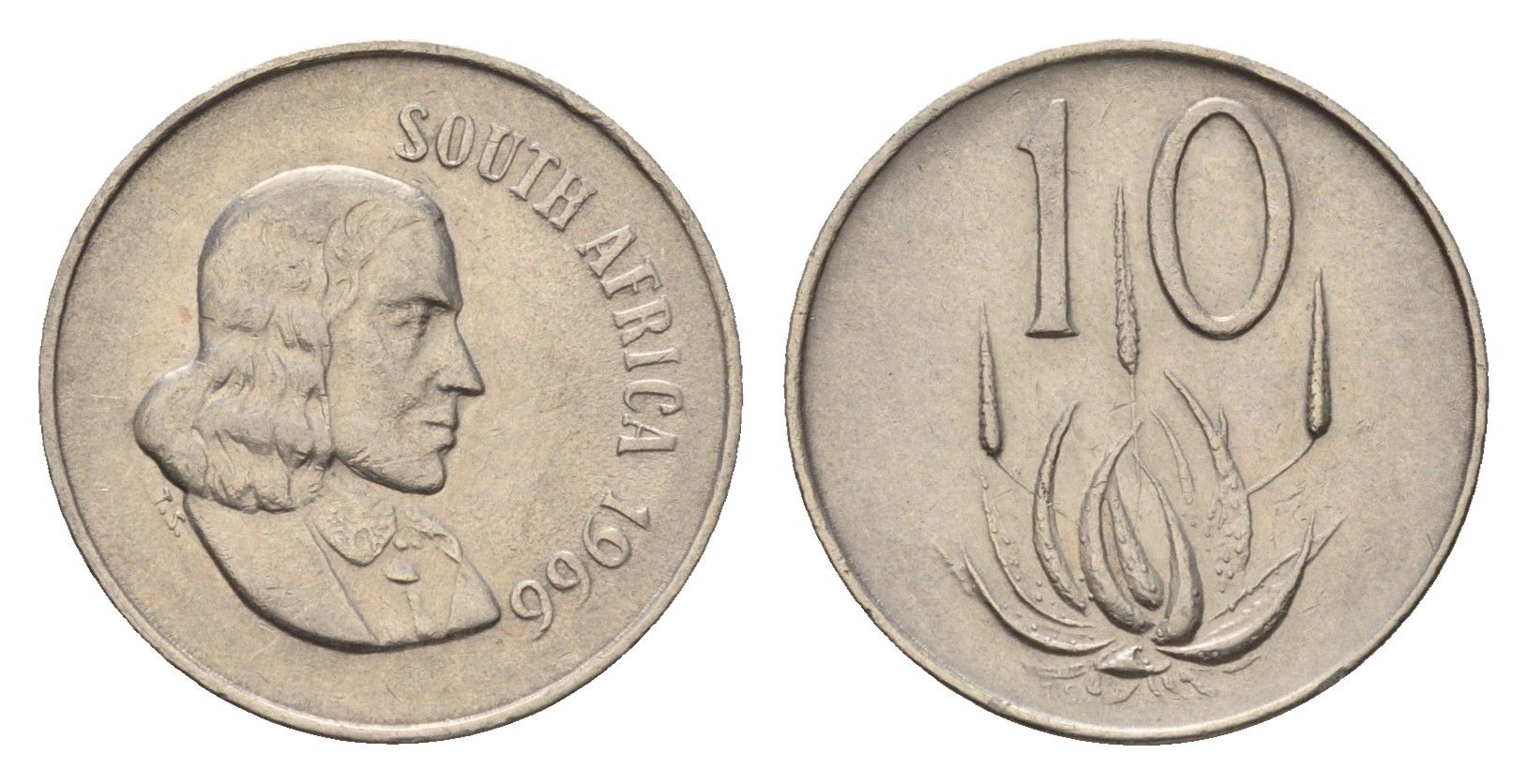 ЮАР 10 центов 1966 Ян ван Рибек (1619-1677), South Africa, легенда на африкаанс, цветок алоэ KM 68.1 медно-никель 4682-727