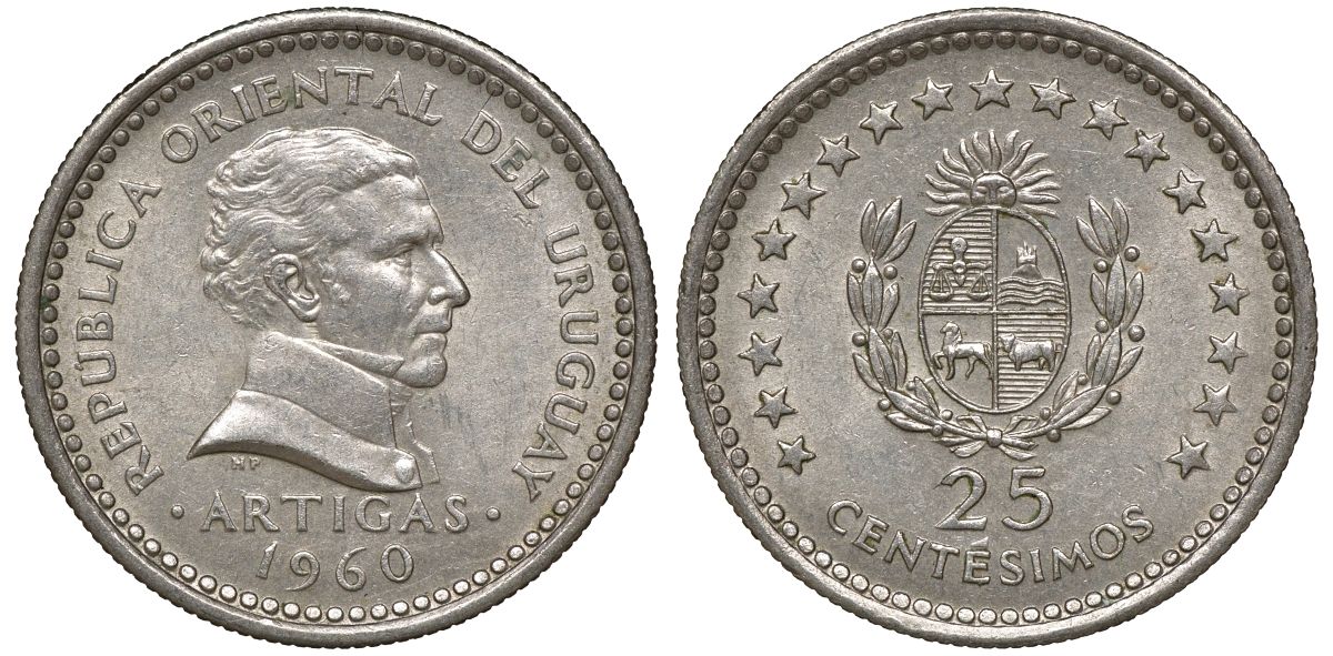 Уругвай 25 сентесимо 1960 KM 40 медно-никель 4169-938