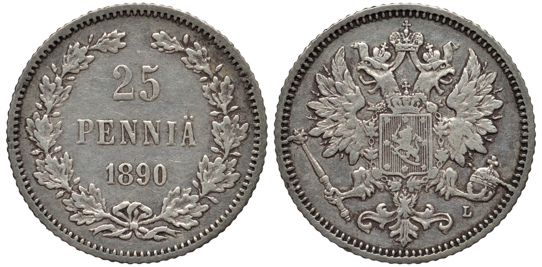 РОССИЯ ДЛЯ ФИНЛЯНДИИ 25 ПЕННИ 1890 L, АЛЕКСАНДР III KM 6.2, Биткин 239 серебро 443-814