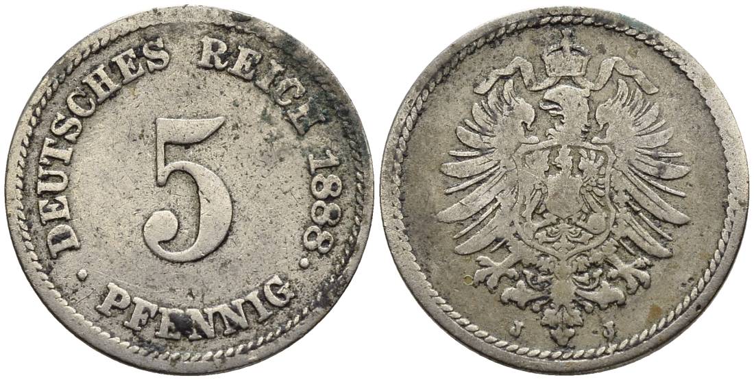 ГЕРМАНИЯ 5 ПФЕННИГОВ 1888 J, СТАРОГЕРБОВКА KM 3, Jager 3, Weege 5 медно-никель 4546-1057