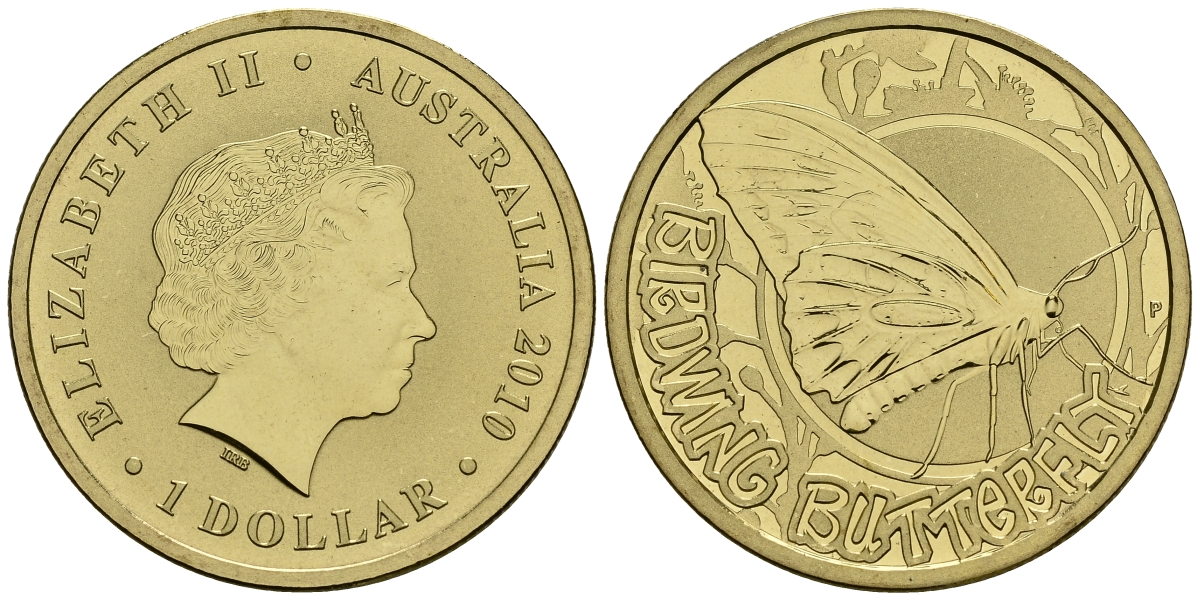 Австралия 1 доллар 2010 серия насекомые, птицекрылая муха-баттлерфлай KM 1442 алюминиевая бронза UNC M42-07