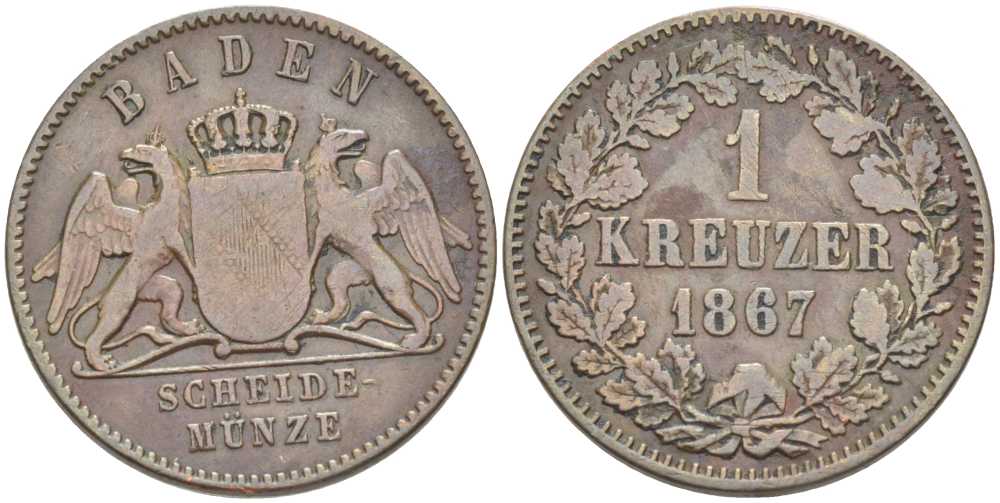 Баден 1 крейцер 1867 Великий Герцог Фридрих I (1856-1907) КМ 242 медь 117-835