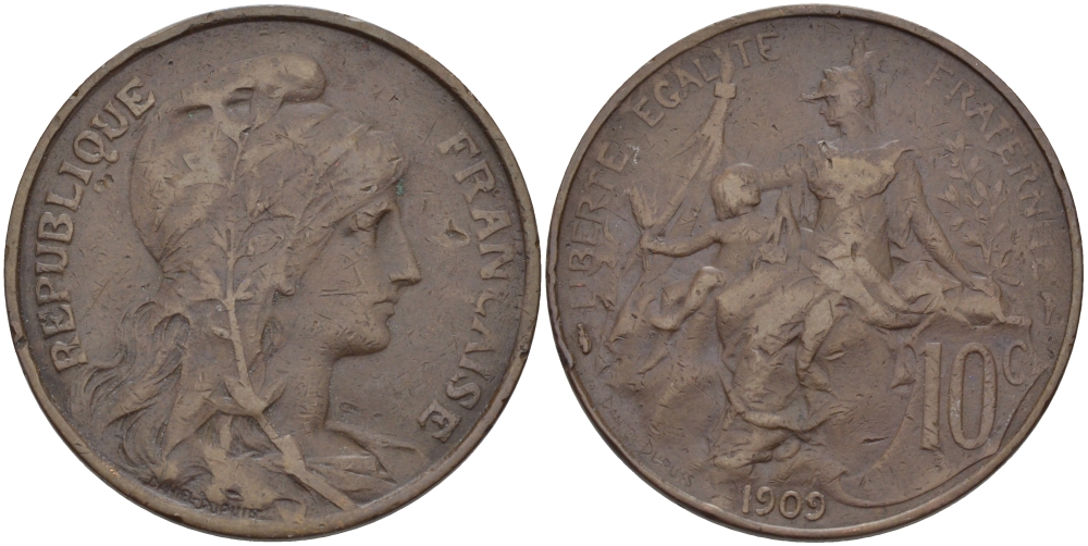 ФРАНЦИЯ 10 САНТИМОВ 1909 ТИП ДАНИЭЛЬ ДЮПЮИ KM 843, LA FRANC 136.19 бронза 97-1226