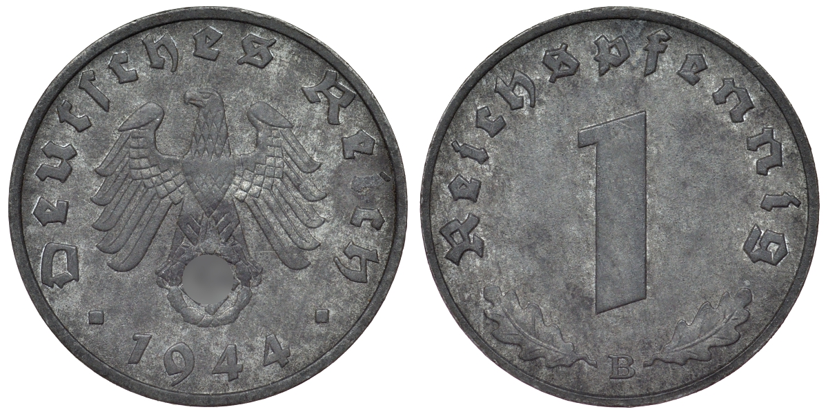 Германия 1 рейхспфенниг 1944 B KM 97, J. 369 цинк 4124-237