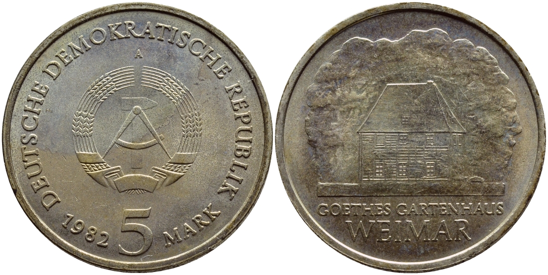 ГДР 5 марок 1982 A, Веймар, садовый домик Гете KM 85 медь цинк никель aUNC 59-1514