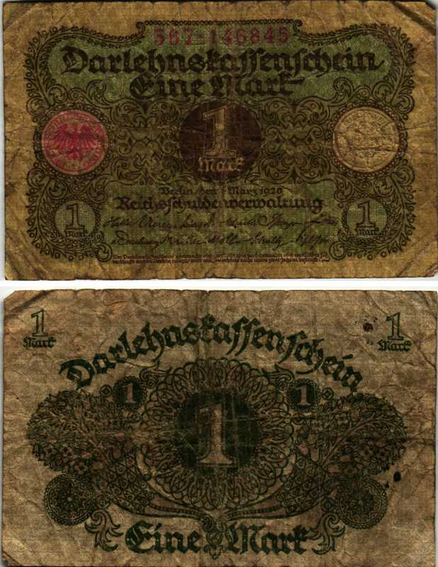 Германия 1 марка 1920 1 марта 1920, веймарская республика Pick 58, Rosenberg 64 бумага 7547-75-3-1