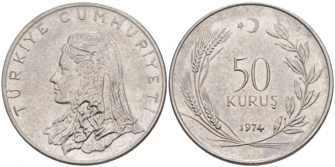 Турция 50 курушей 1974 Анатолийская невеста KM 899 нержавеющая сталь 68-736
