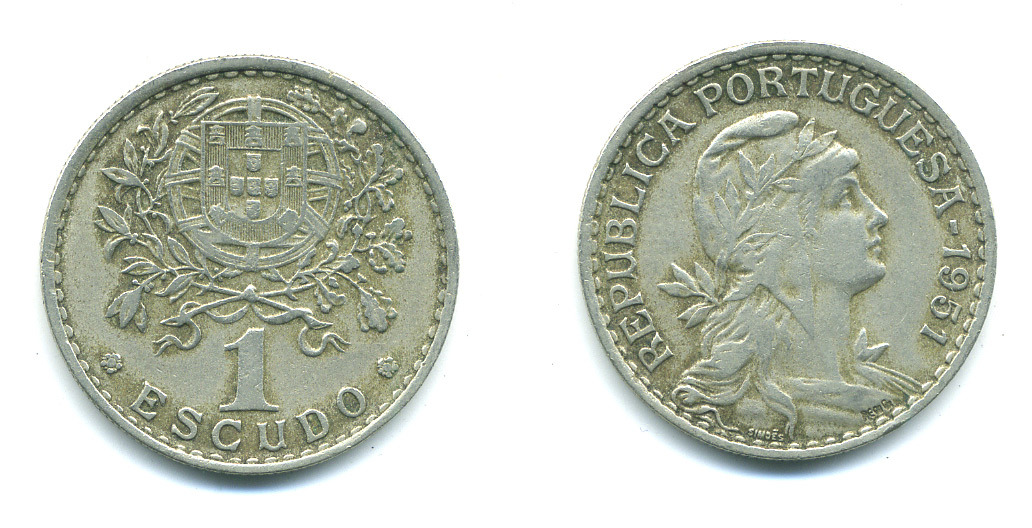 ПОРТУГАЛИЯ 1 ЭСКУДО 1951 ГОЛОВА СВОБОДЫ ВПРАВО KM 578 медно-никель 4383-236