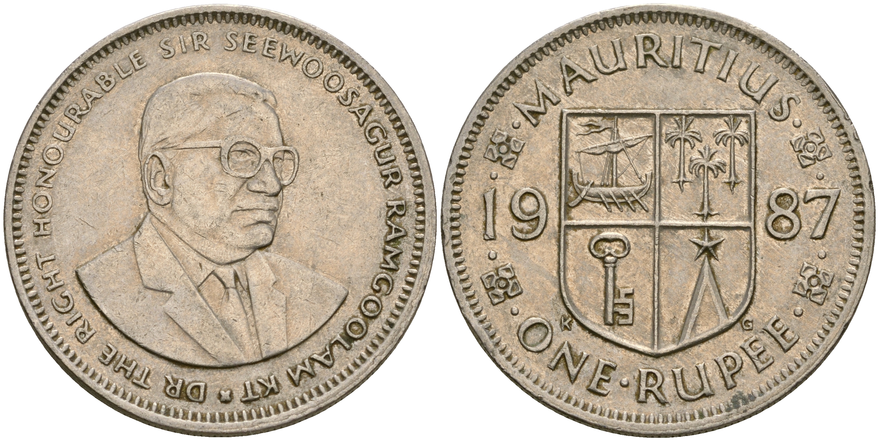 Маврикий 1 рупия 1987 Сивусагур Рамгулам KM 55 медно-никель 25-1221