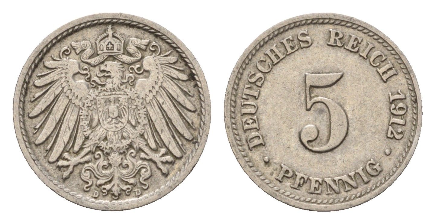 Германия 5 пфеннигов 1912 D, Вильгельм II (1888-1918) KM 11, J. 12 медно-никель 4636-256