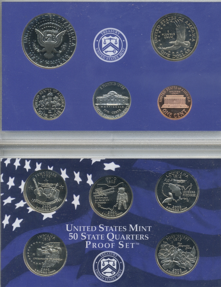США 2 набора в одном 2002 S, два пруфсета в пластиковых коробках, регулярный чекан и 5 квотеров штаты, в оригинальной коробке с сертификатом PROOF 00-00