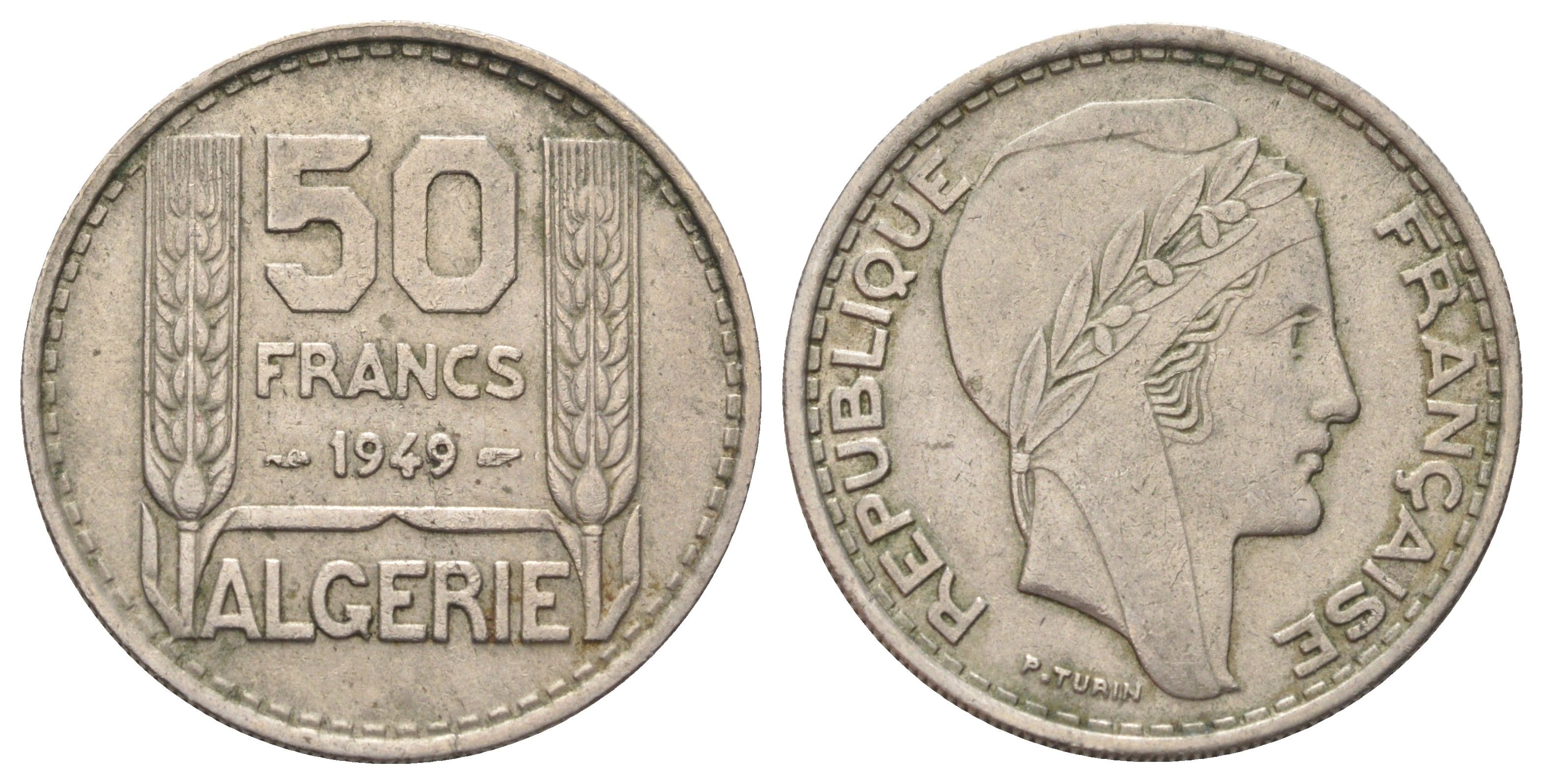Алжир 50 франков 1949 год-тип KM 92 медно-никель 63-437