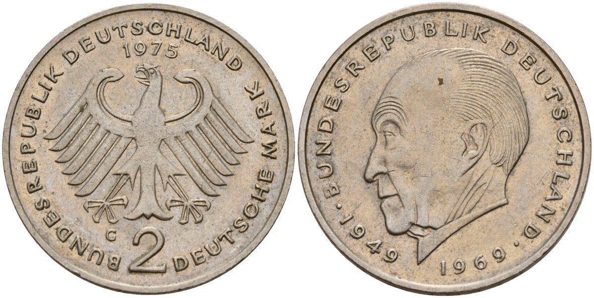 ФРГ 2 марки 1973 G, Конрад Аденауэр KM 124, J. 406 медно-никель 4159-1226