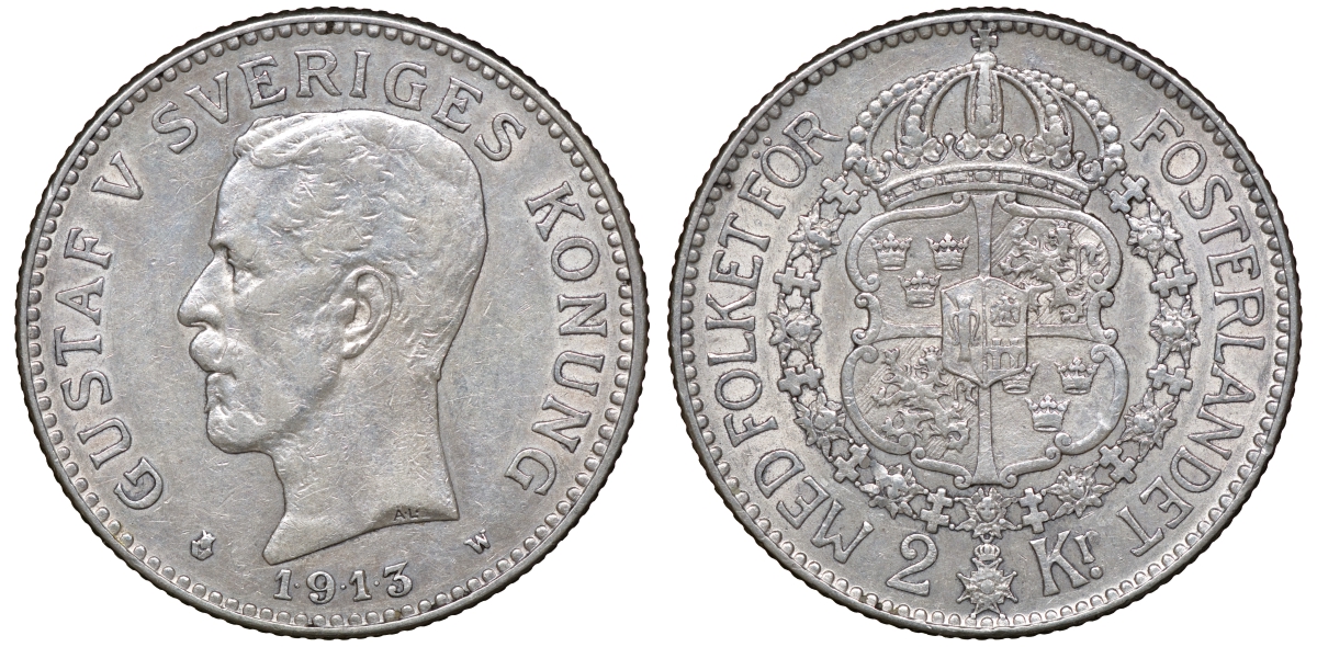 Швеция 2 кроны 1913 W, Густав V (1907-1950) KM 787 серебро 4178-1312