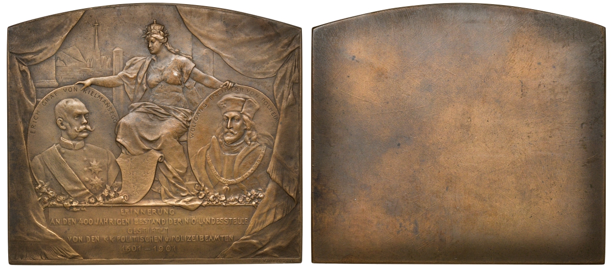 Австрия медаль - плакетка 1901 400 лет Нижней Австрии, 76*68 мм ​Hauser:1858; Wurzb:6809 бронза UNC 8-1-07-17