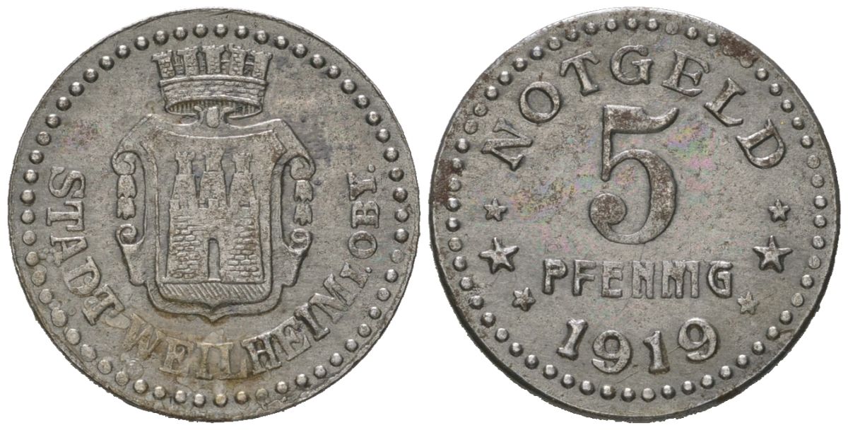 Вайльхайм в Обербайерне (Бавария) 5 пфеннигов 1919 Funck 585.5, Men18 33038.2 железо aUNC 1524-545