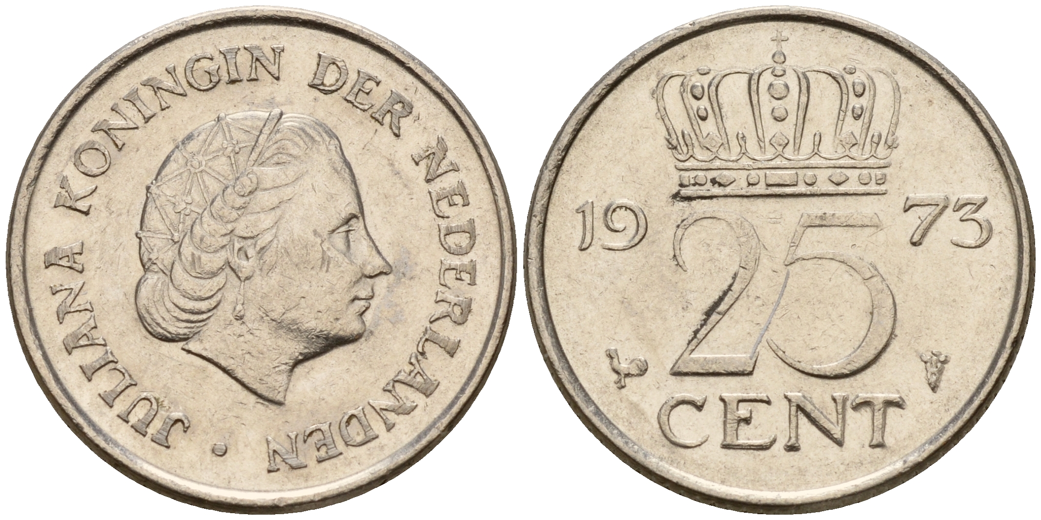 Нидерланды 25 центов 1973 Юлиана (1949-1980) KM 183 никель    4598-468