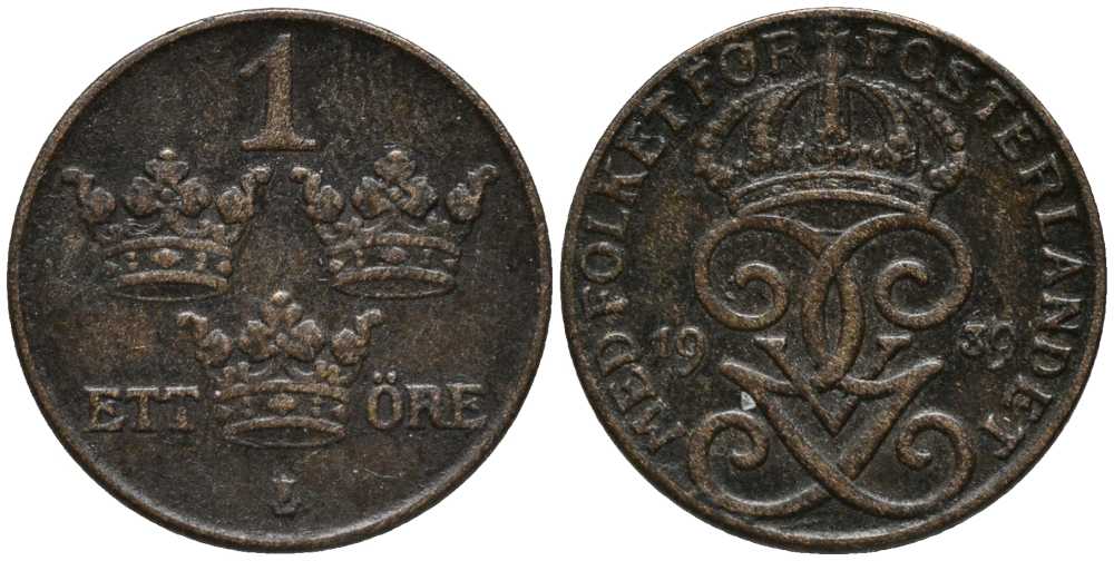 Швеция 1 эре 1939 Густав V (1907-1950) KM 777.2 бронза 201-1137