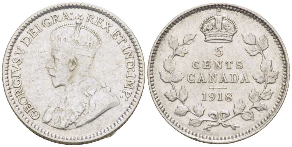 Канада 5 центов 1918 Георг V (1910-1936) KM 22 серебро 206-239