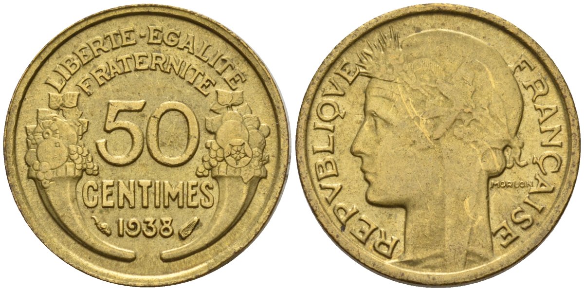 Франция 50 сантимов 1938 KM 894.1, Le Franc 192.15 алюминиевая бронза 4596-814